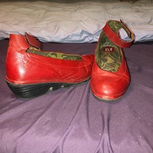 Red leather Fly London wedge with ankle strap